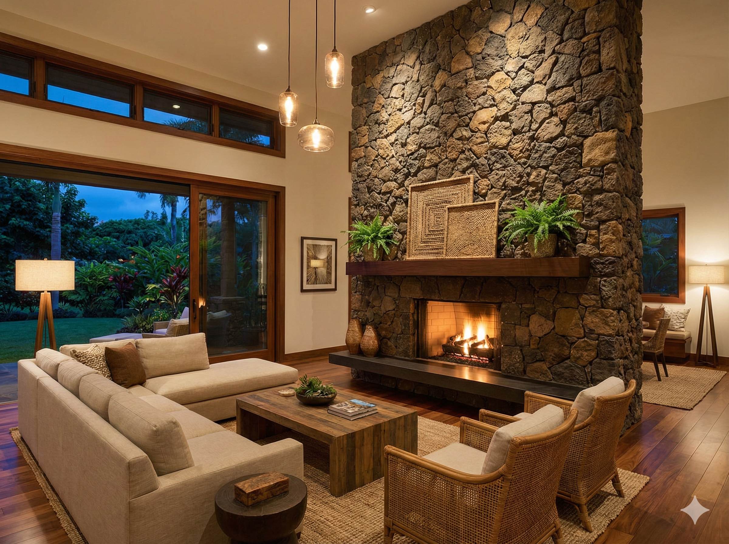 Floor-to-ceiling stone fireplace in living room